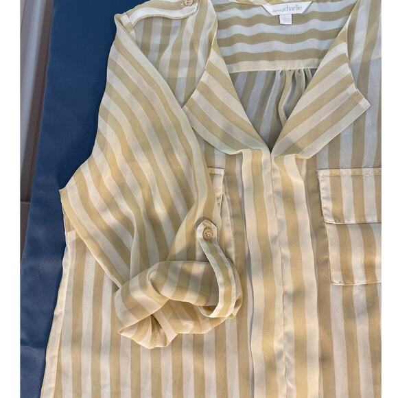 Charming Charlie Sheer Striped Collared Roll Up Sleeve Blouse White/Yellow Sz L - Picture 8 of 8